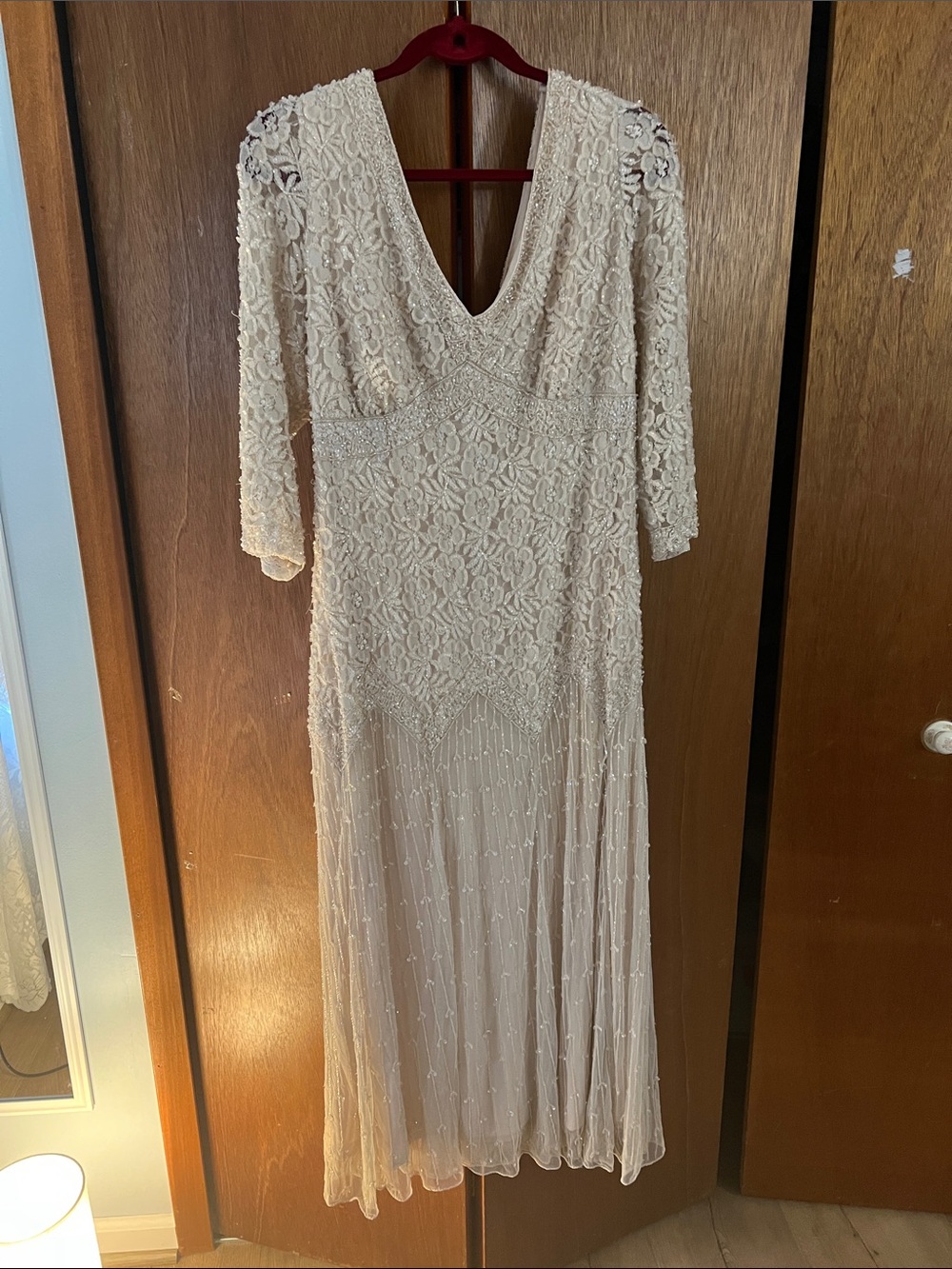 Pisarro Nights Ivory Lace Beaded V-Neck Maxi Dress